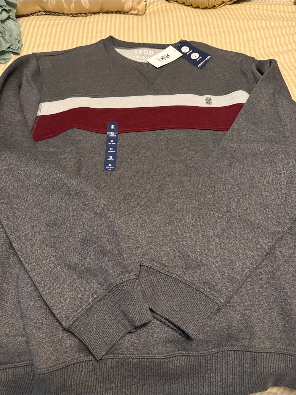 Izod Gray Crewneck Sweater with Burgundy & White Chest Stripe